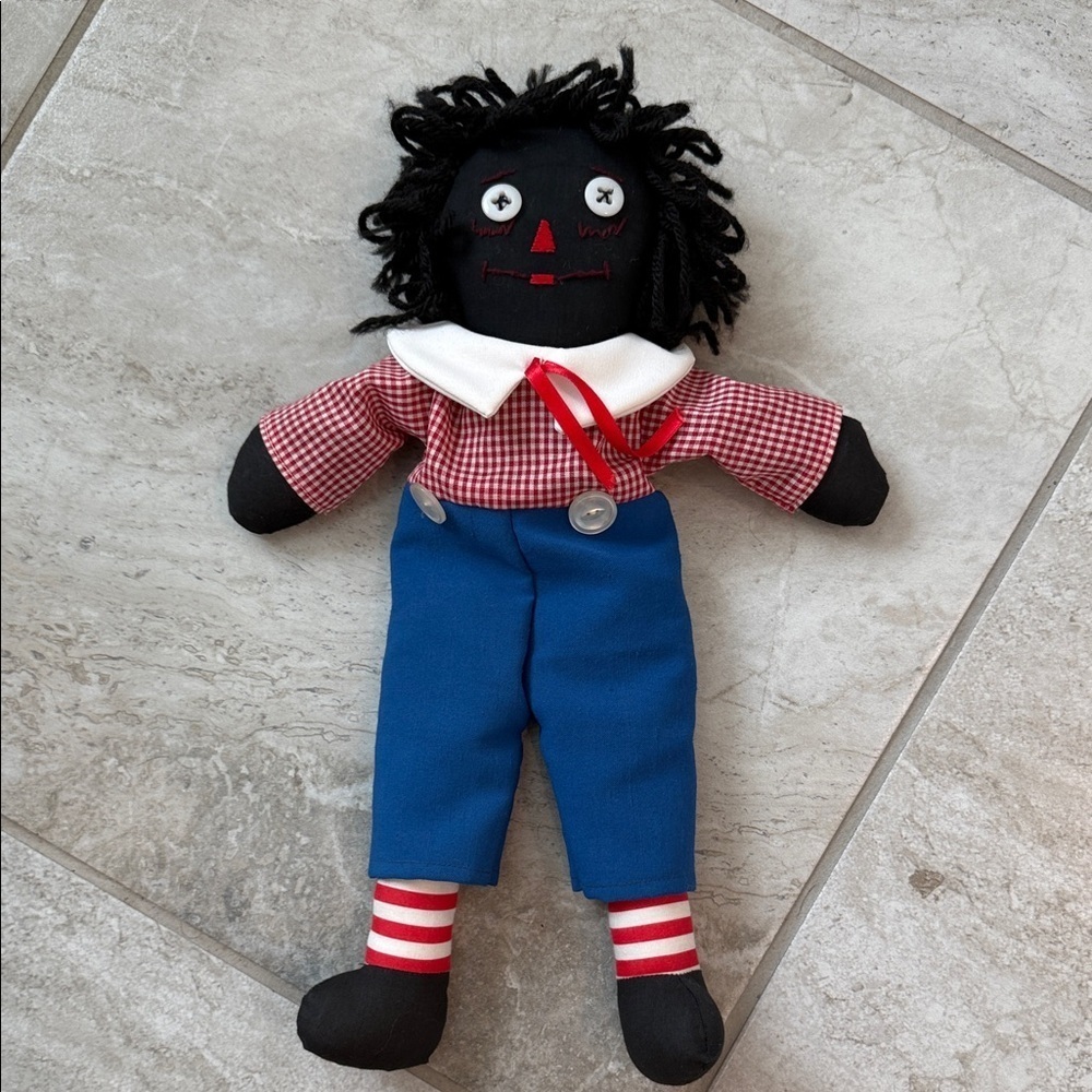 Charming Rag Doll with Red Checkered Shirt and Blue Pants
